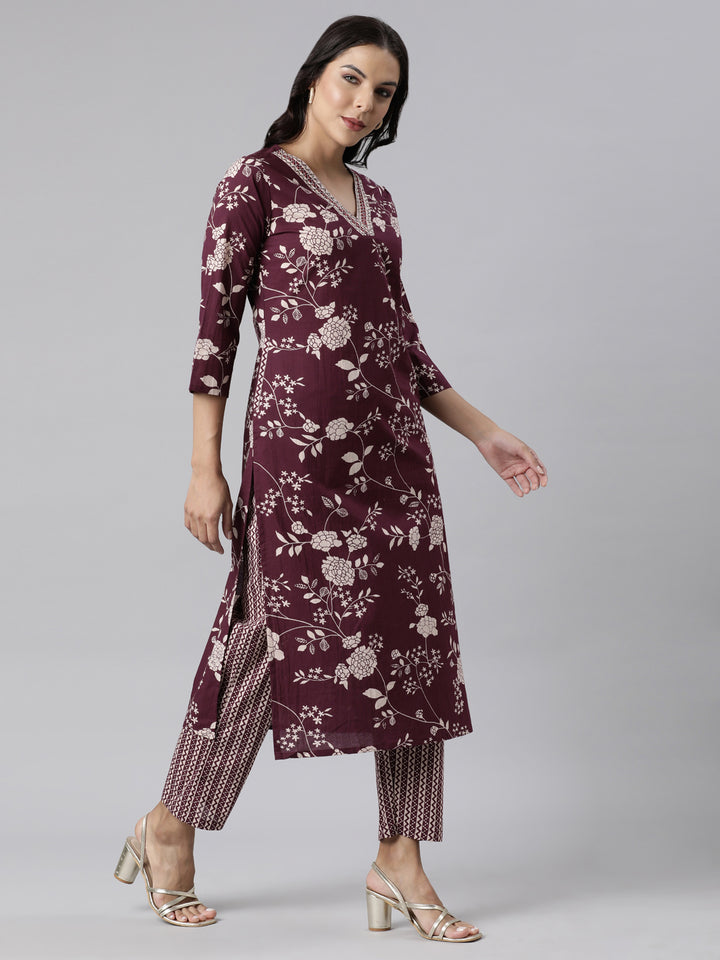 Neerus Purple printed straight suit set - side view