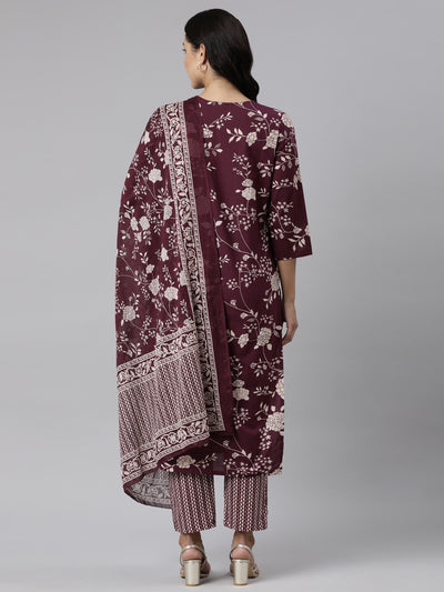 Neerus Purple Panelled Straight Printed Kurta And Trousers With Dupatta