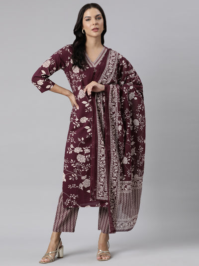 Neerus Purple Panelled Straight Printed Kurta And Trousers With Dupatta