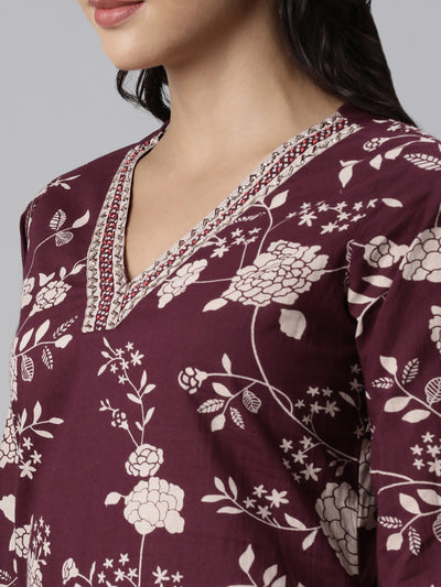 Neerus Purple Panelled Straight Printed Kurta And Trousers With Dupatta