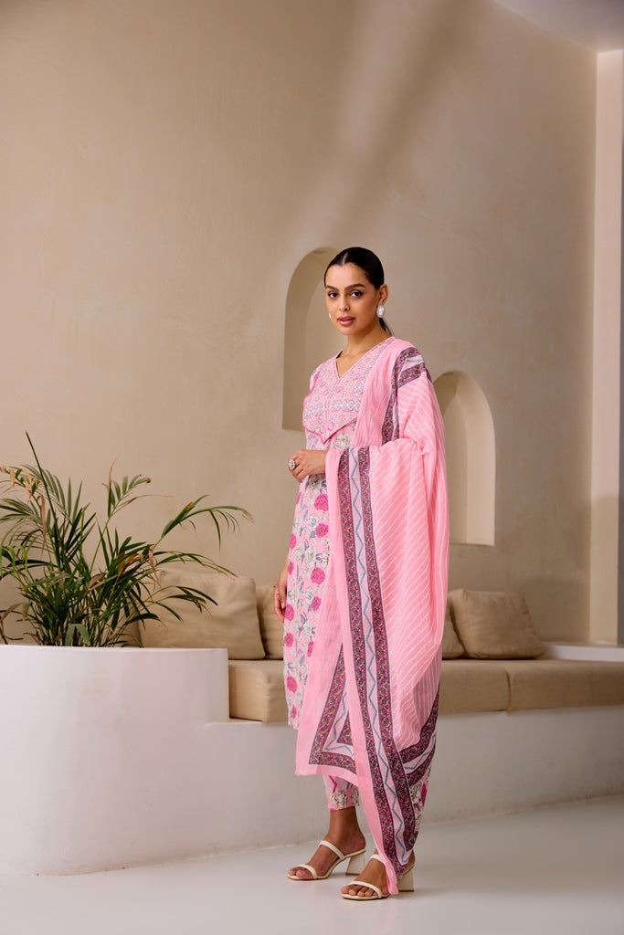 Neerus Baby Pink Straight Embellished Kurta And Trousers With Dupatta