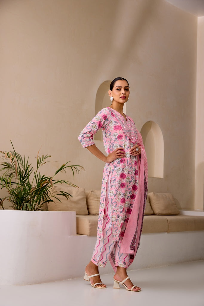 Neerus Baby Pink Straight Embellished Kurta And Trousers With Dupatta