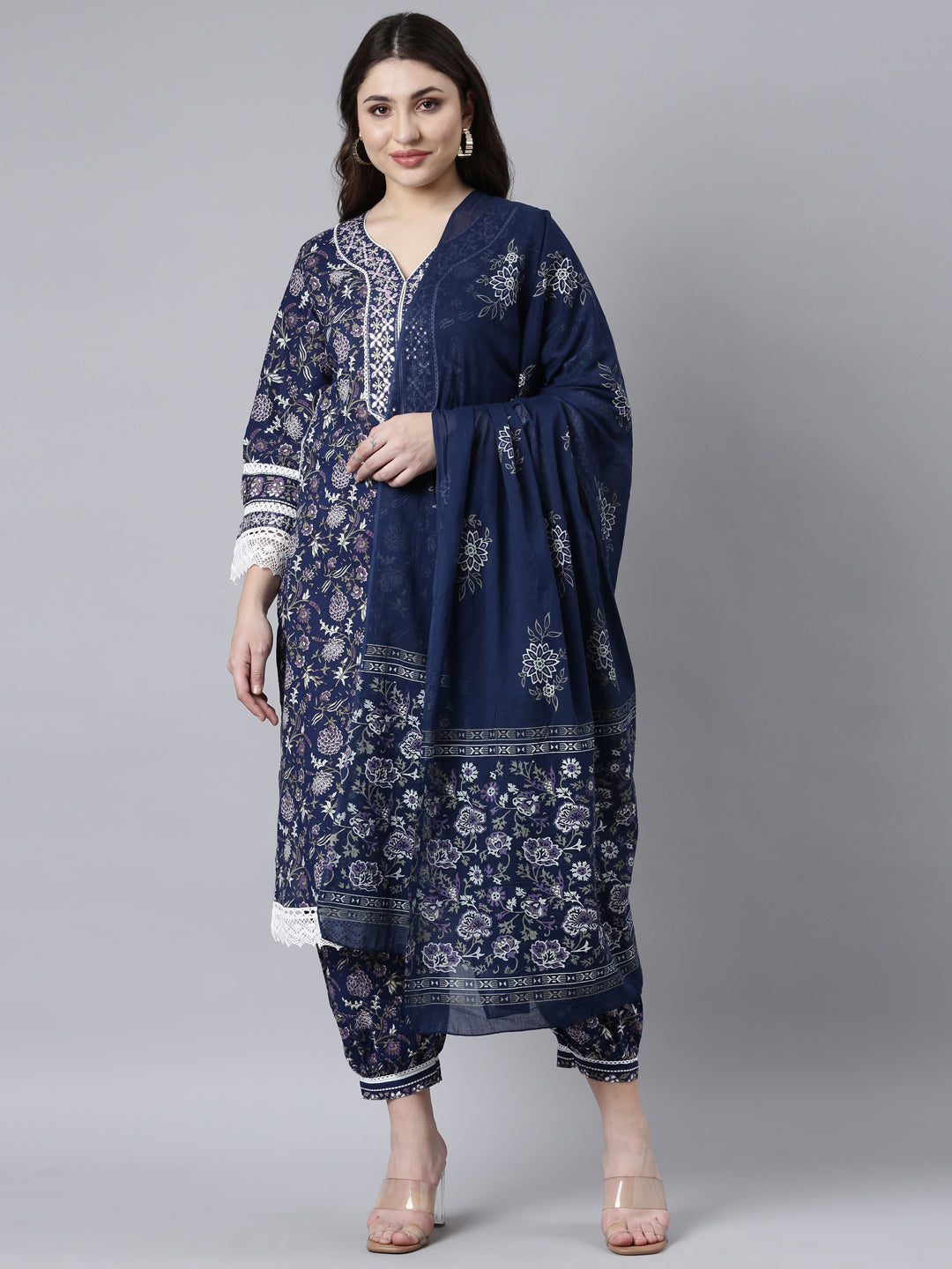 Neerus Blue Printed Floral Straight Suit Set - front view