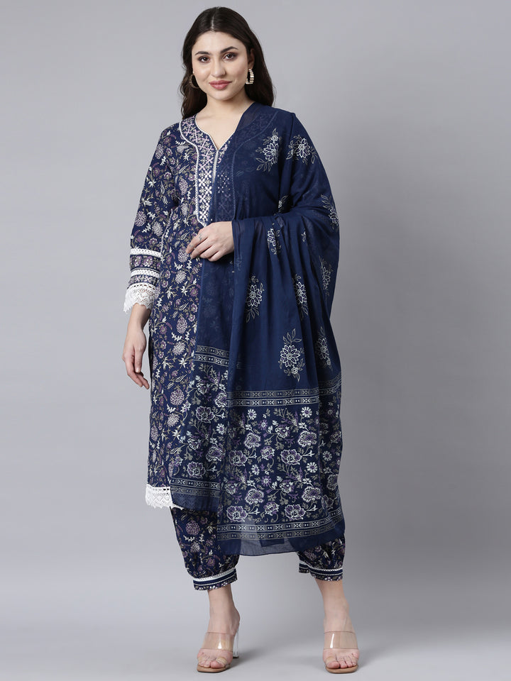 Neerus Blue Printed Floral Straight Suit Set - front view