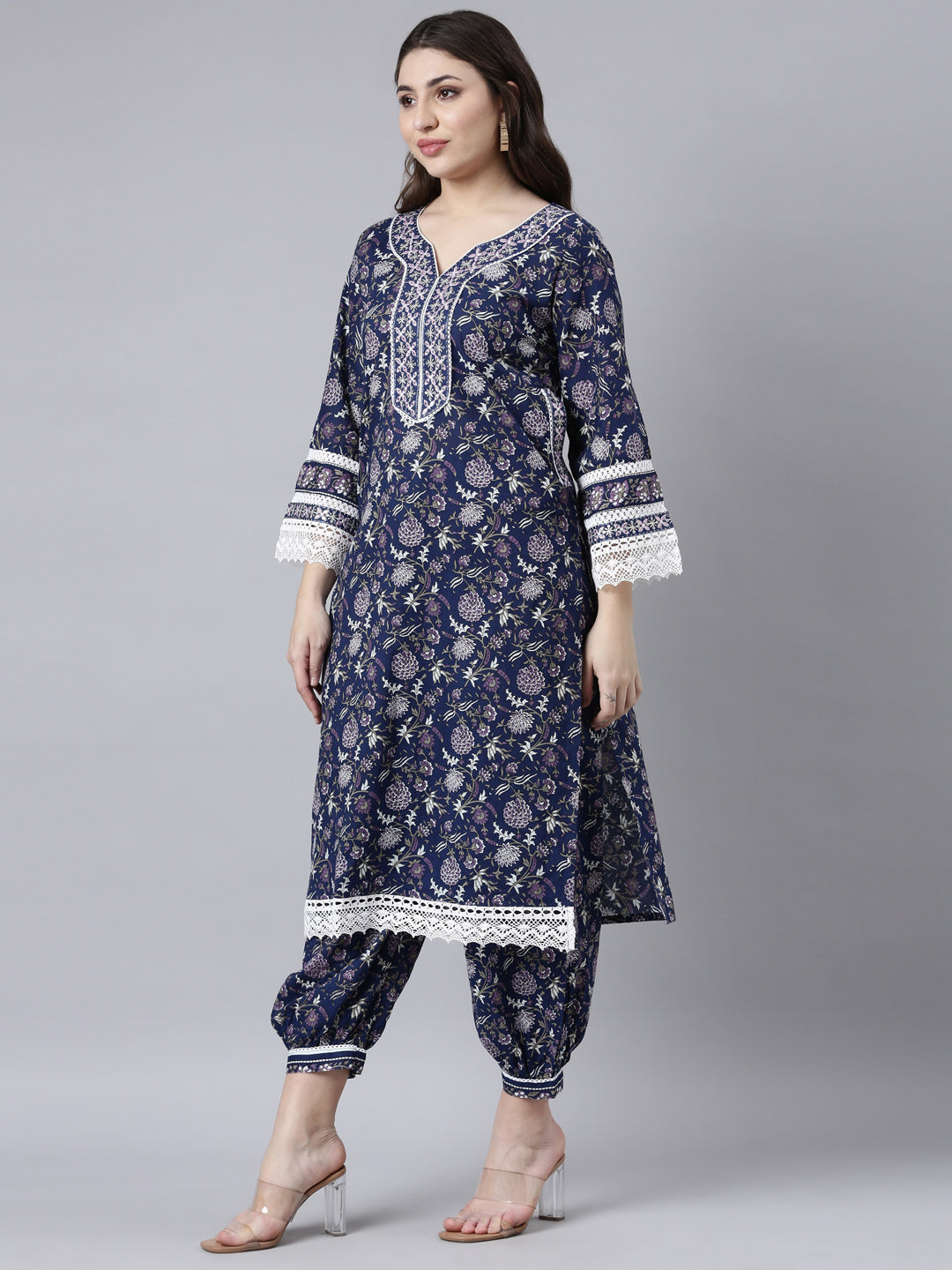Neerus Blue Printed Floral Straight Suit Set - detail view 2
