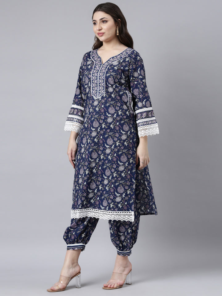 Neerus Blue Printed Floral Straight Suit Set - detail view 2