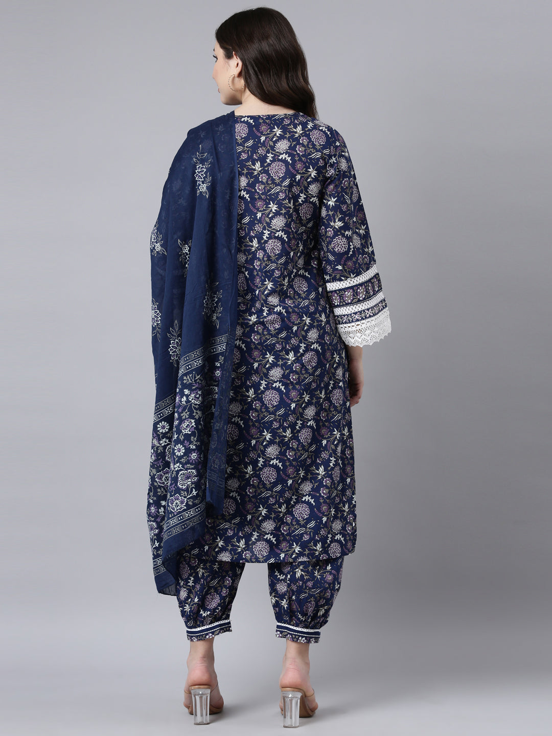 Neerus Blue Printed Floral Straight Suit Set - side view