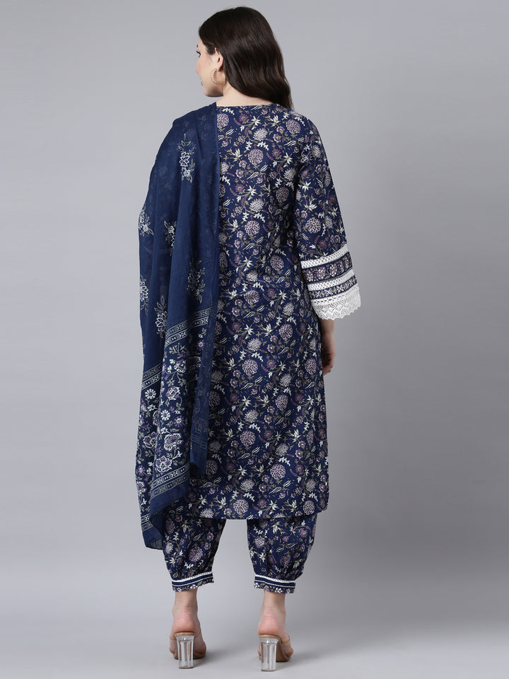 Neerus Blue Printed Floral Straight Suit Set - side view
