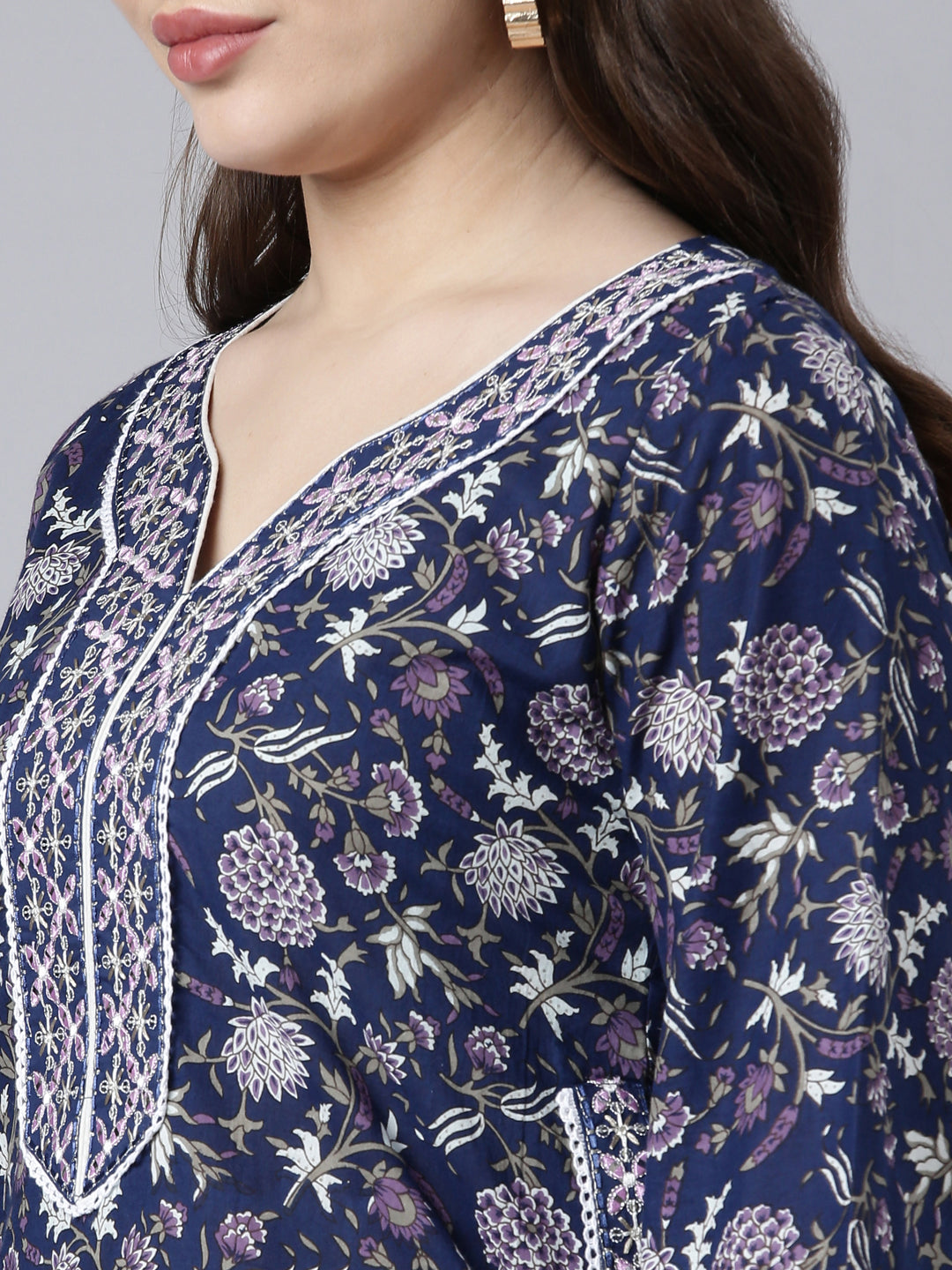 Neerus Blue Printed Floral Straight Suit Set - detail view 1