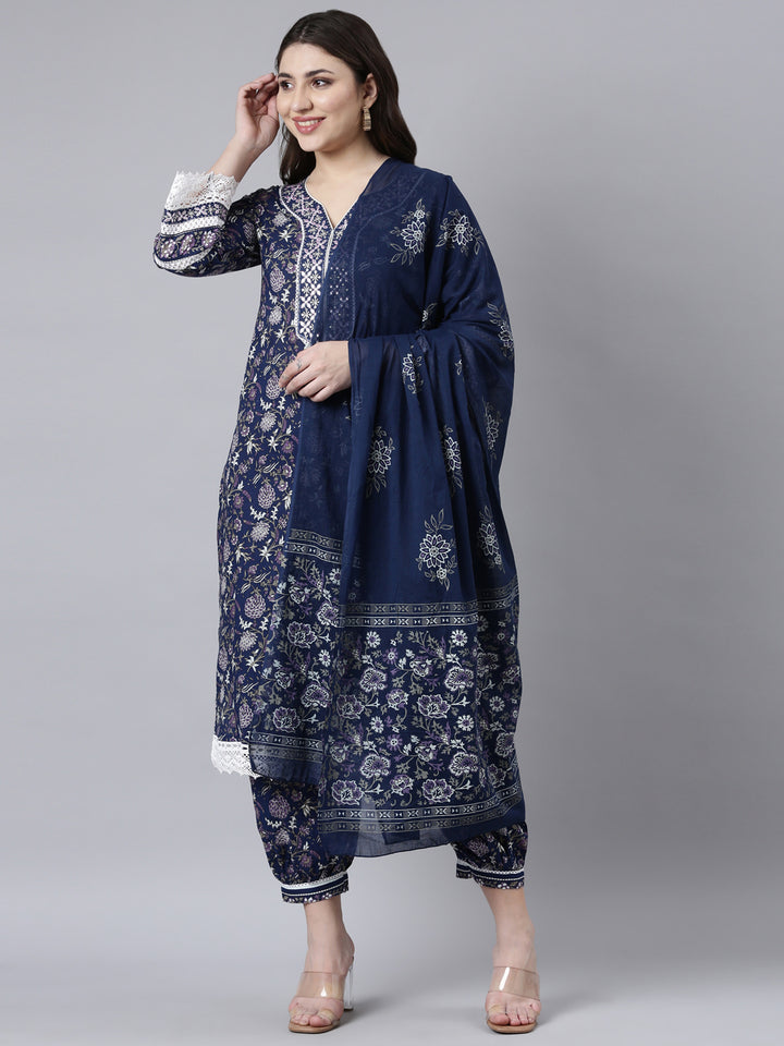 Neerus Blue Printed Floral Straight Suit Set - back view
