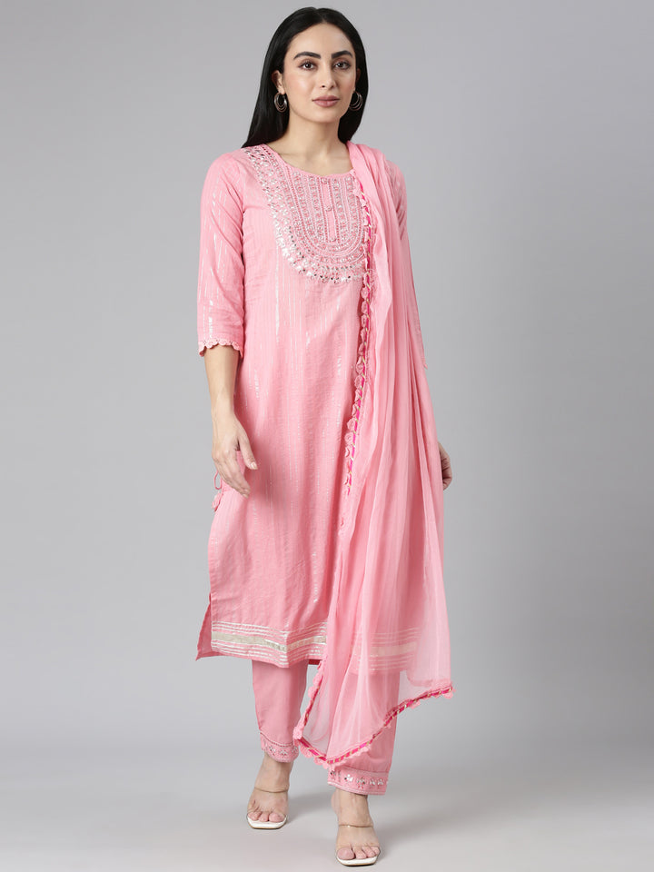 Neerus Pink cotton printed suit set - front view