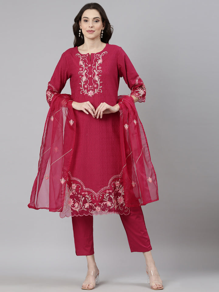 Neerus Magenta Casual  Straight Kurta and Trousers With Dupatta