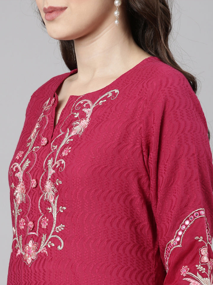Neerus Magenta Casual  Straight Kurta and Trousers With Dupatta