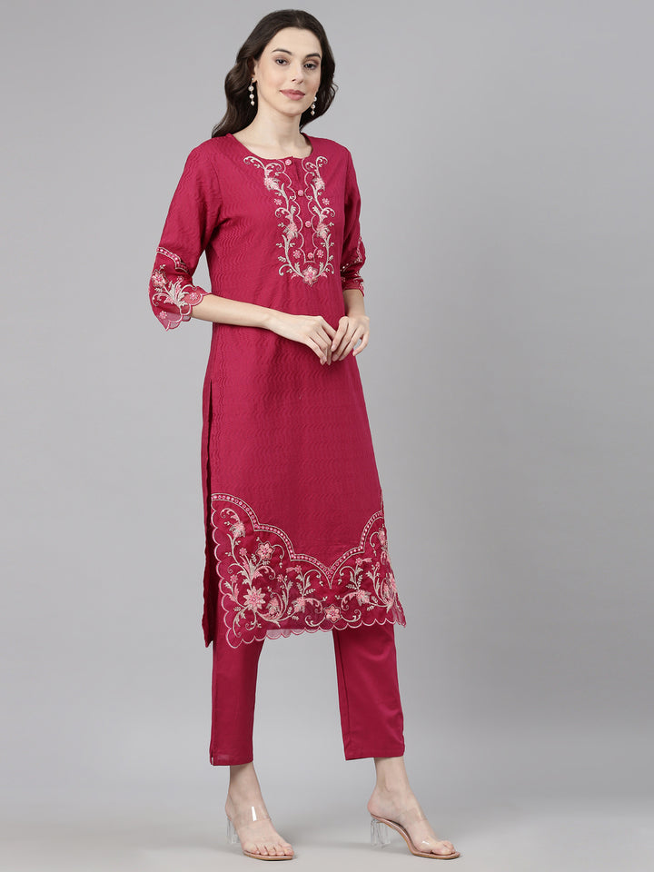 Neerus Magenta Casual  Straight Kurta and Trousers With Dupatta