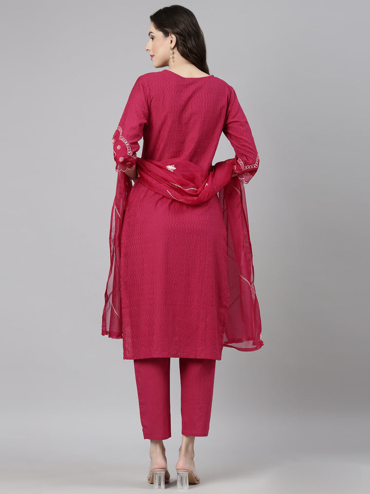 Neerus Magenta Casual  Straight Kurta and Trousers With Dupatta