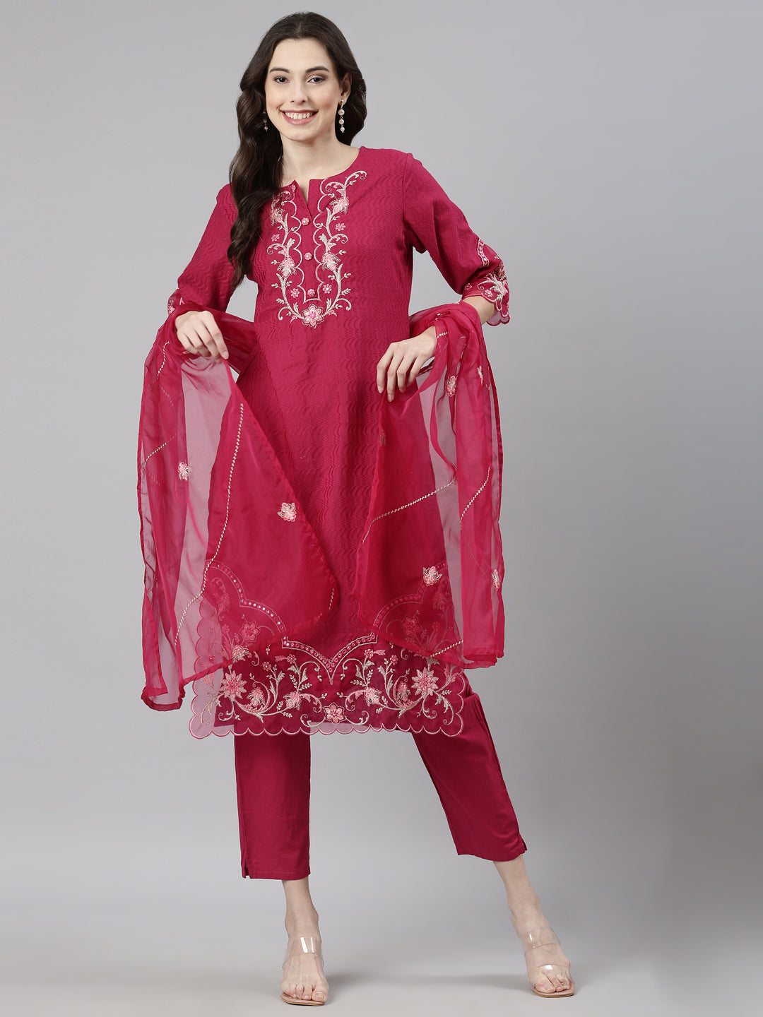 Neerus Magenta Casual  Straight Kurta and Trousers With Dupatta