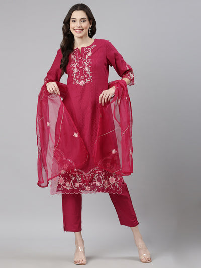 Neerus Magenta Casual  Straight Kurta and Trousers With Dupatta
