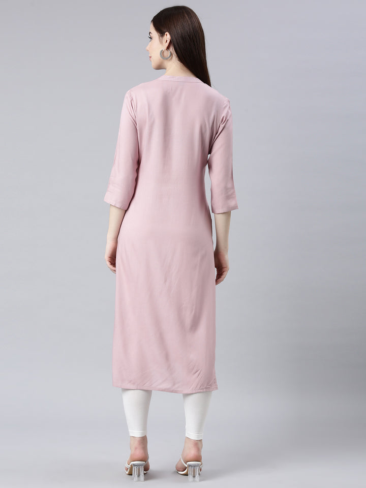 Neerus Pink floral printed straight kurta - detail view 1