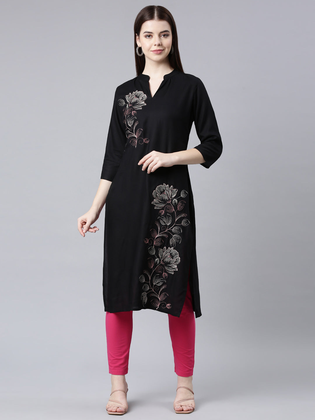 Neerus Black printed floral straight kurta - front view