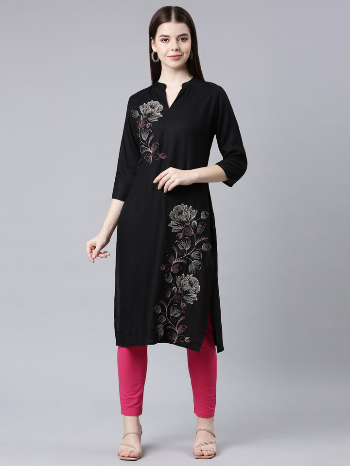 Neerus Black printed floral straight kurta - front view