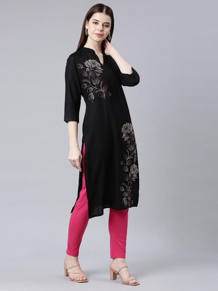 Neerus Black printed floral straight kurta - side view
