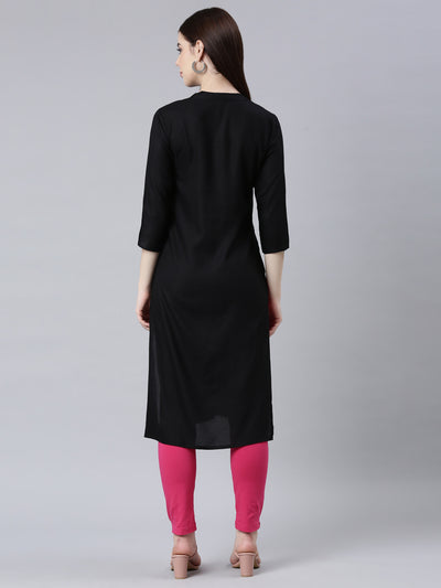 Neerus Black Straight Casual Floral Straight Kurtas
