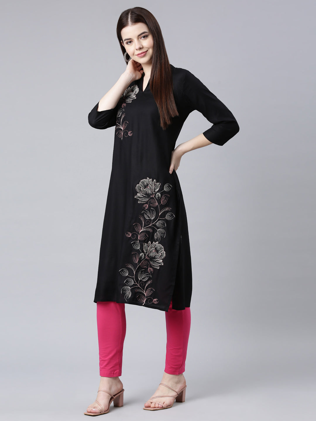Neerus Black printed floral straight kurta - detail view 4