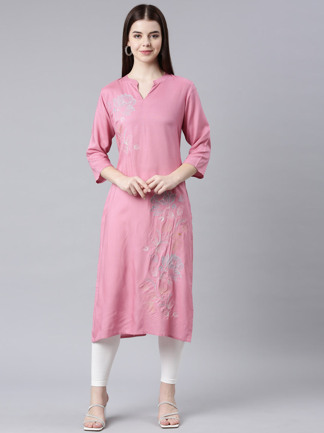 Neerus Pink printed floral straight kurta - front view