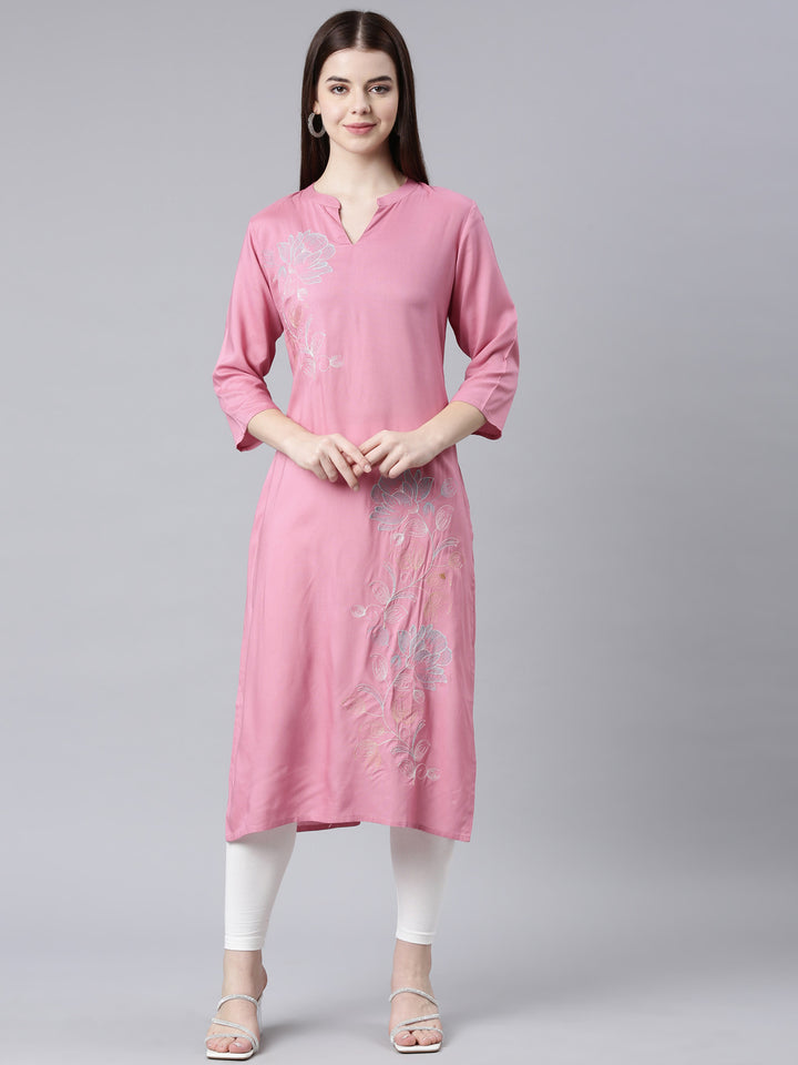 Neerus Pink printed floral straight kurta - front view