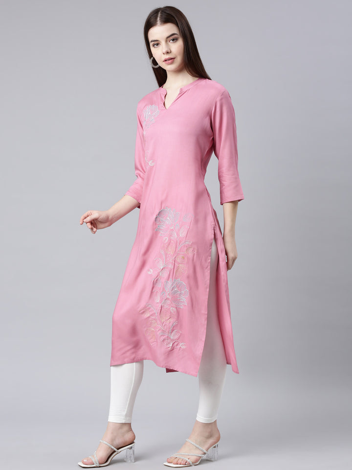 Neerus Pink printed floral straight kurta - side view