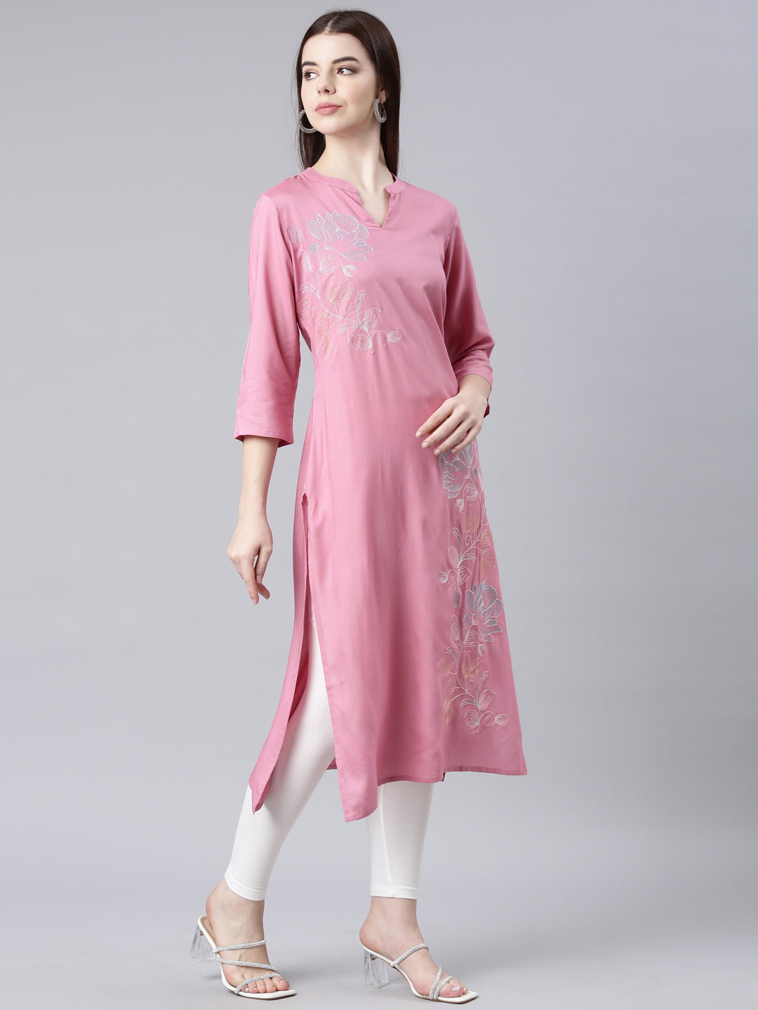 Neerus Pink printed floral straight kurta - detail view 1