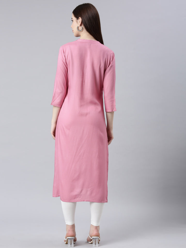 Neerus Pink printed floral straight kurta - detail view 2