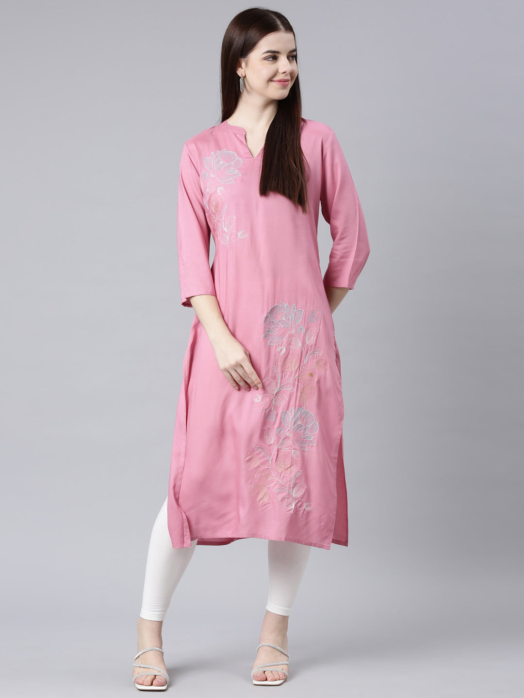 Neerus Pink printed floral straight kurta - detail view 3