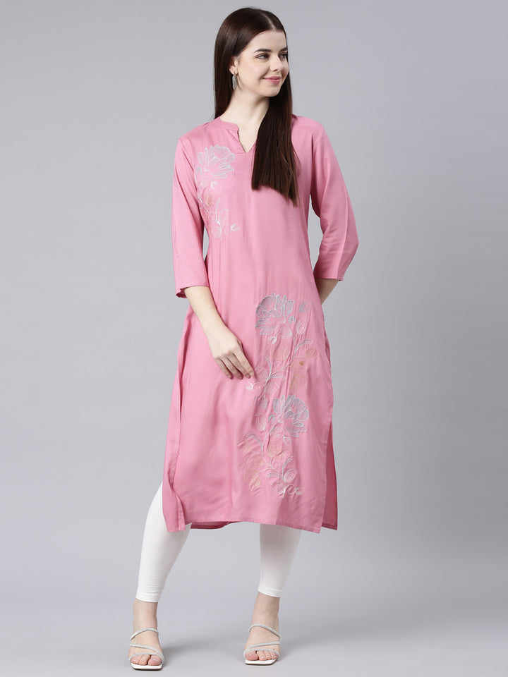 Neerus Pink printed floral straight kurta - detail view 3