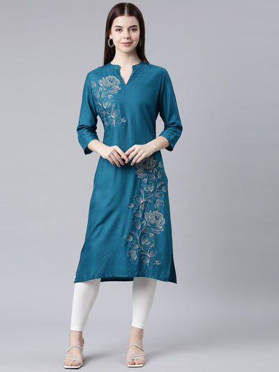 Neerus Green Straight Casual Floral Straight Kurtas