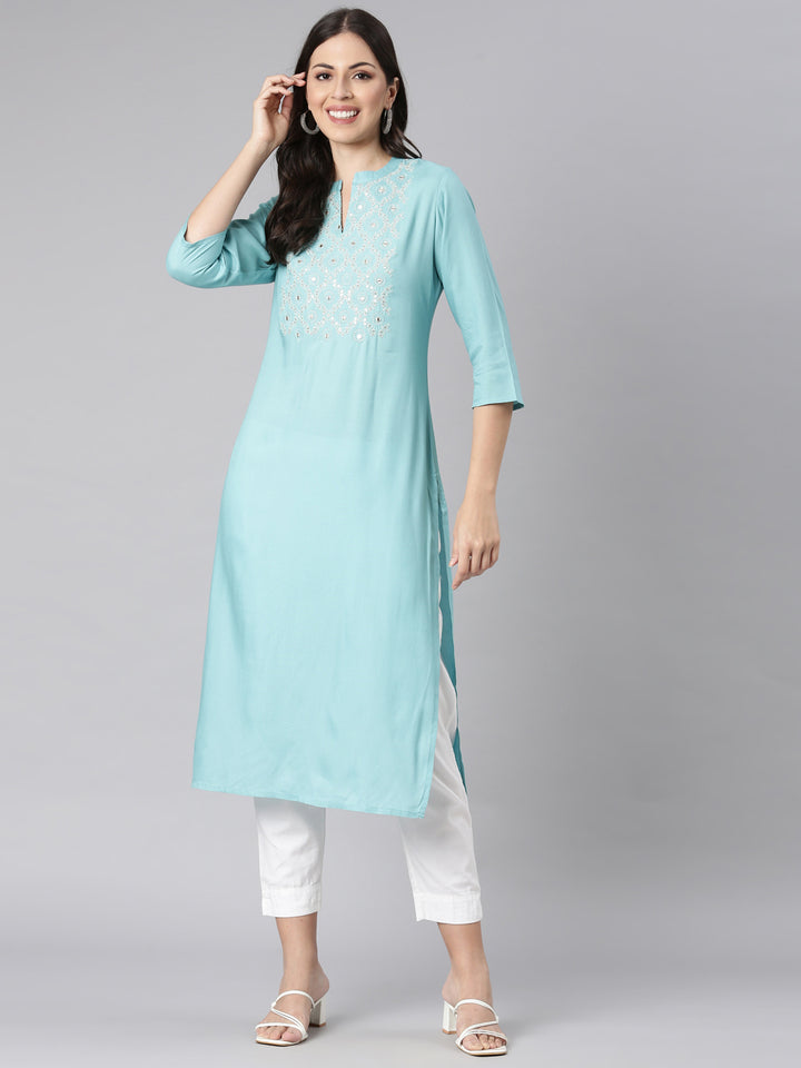 Neerus Green Casual Solid Straight Kurtas