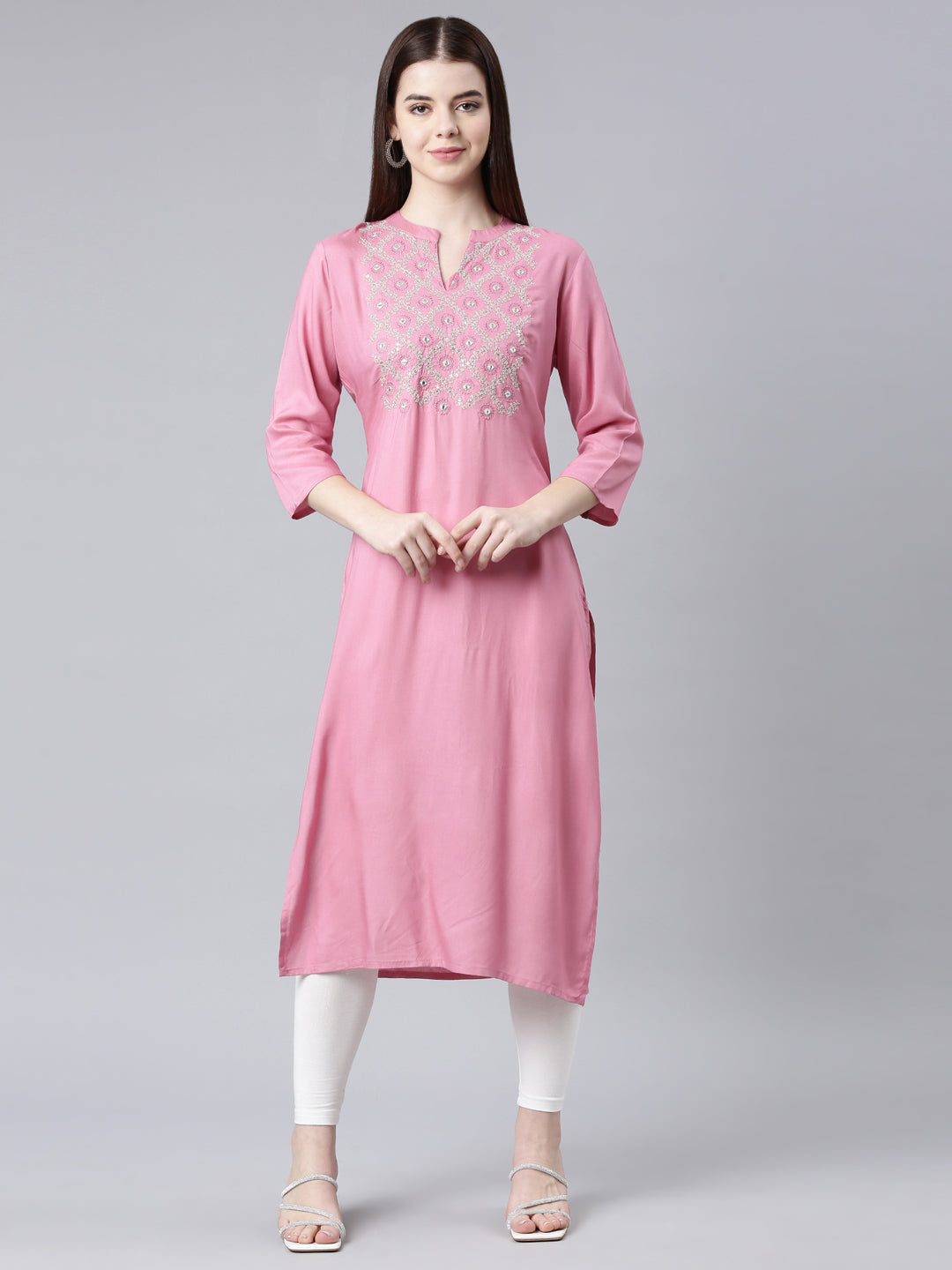 Neerus Pink floral printed straight kurta - front view