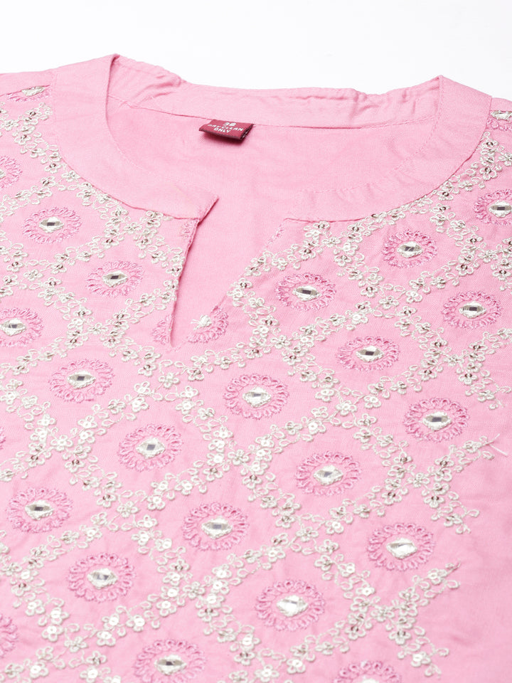 Neerus Pink floral printed straight kurta - detail view 3