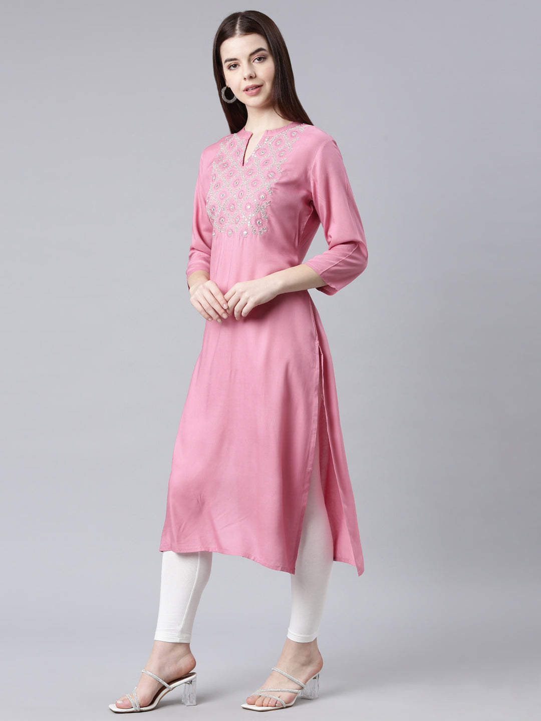 Neerus Pink floral printed straight kurta - back view