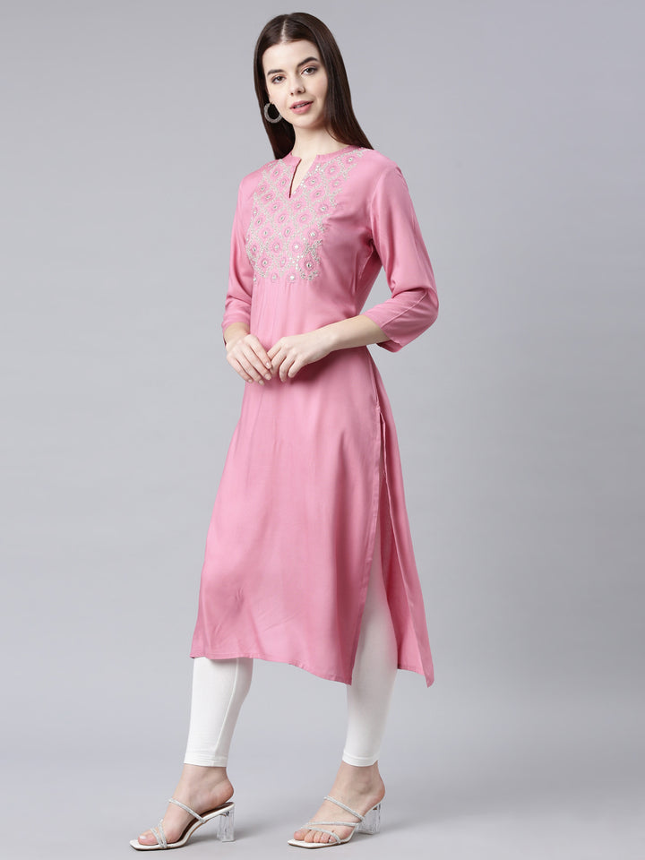 Neerus Pink floral printed straight kurta - back view