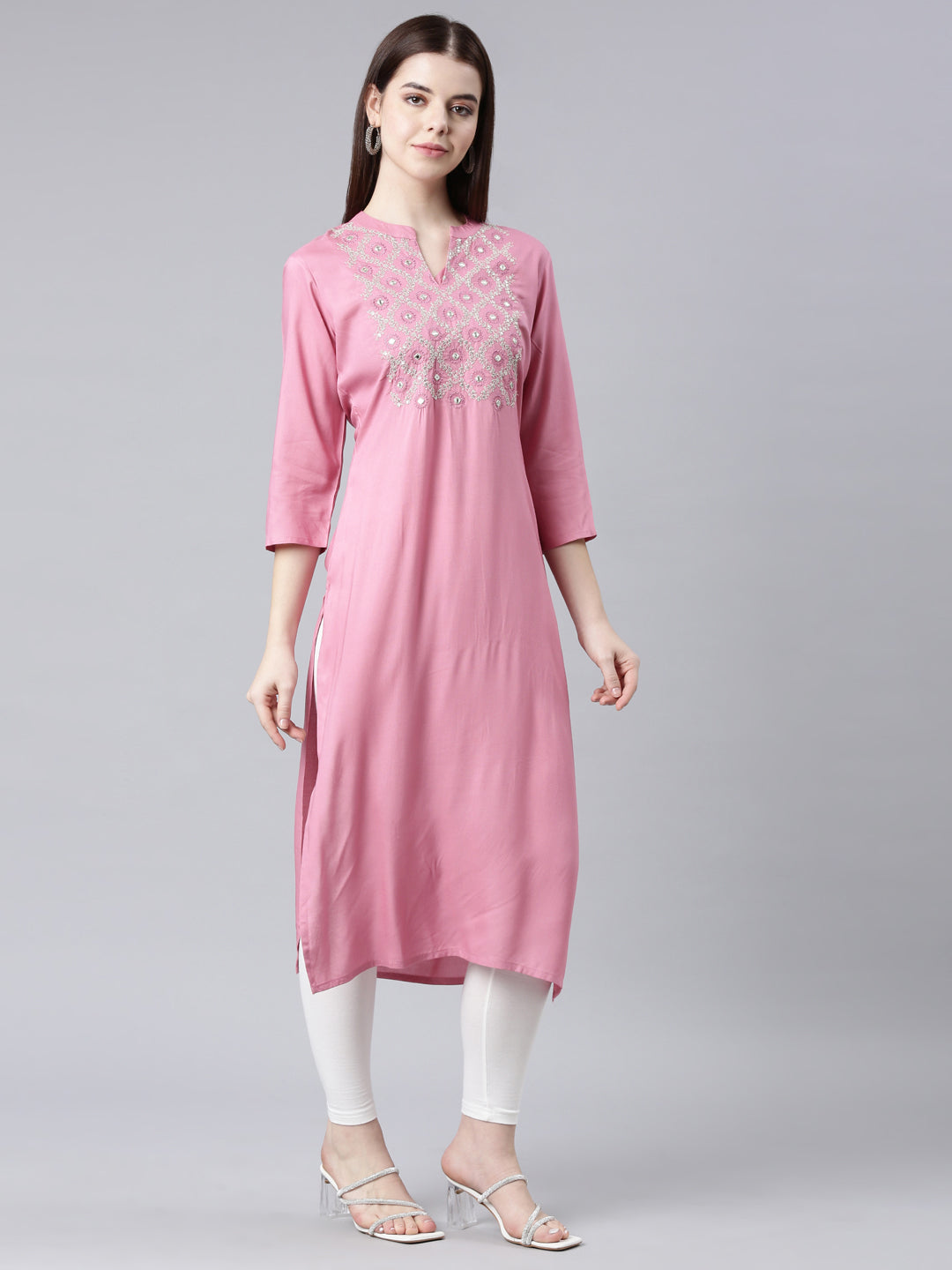 Neerus Pink floral printed straight kurta - side view