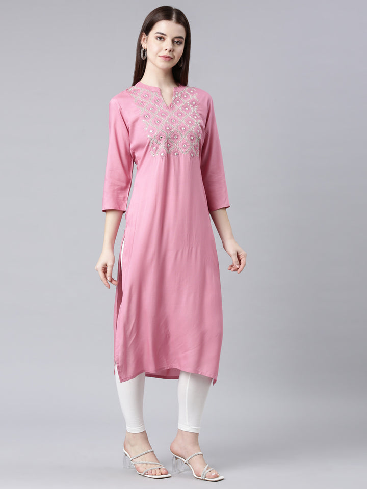 Neerus Pink floral printed straight kurta - side view