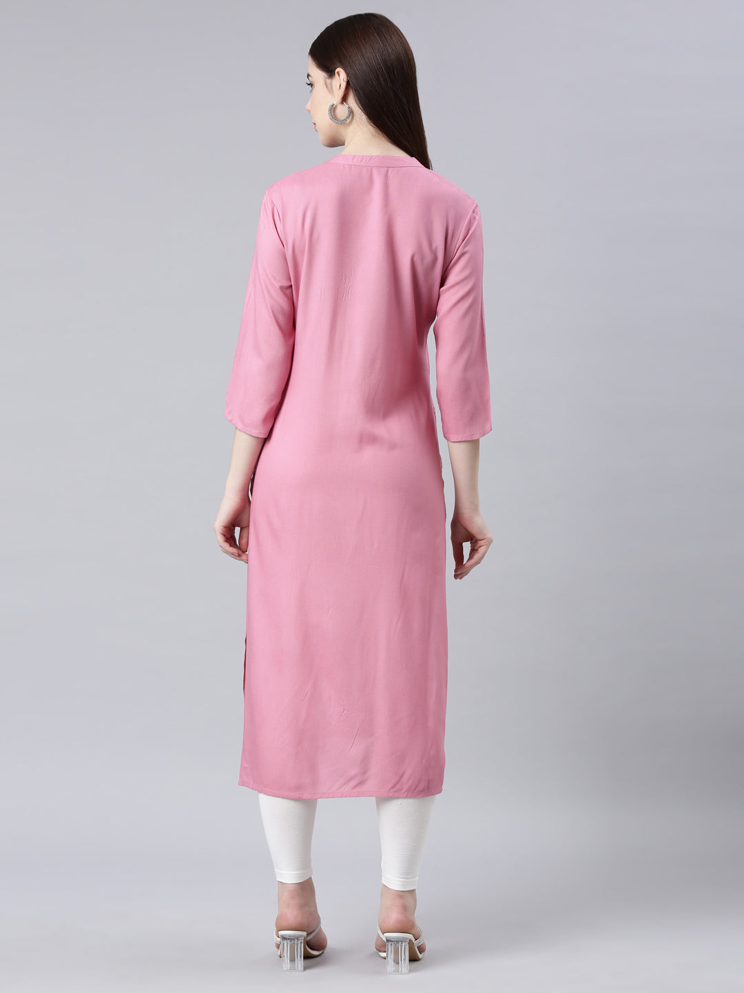 Neerus Pink floral printed straight kurta - detail view 1