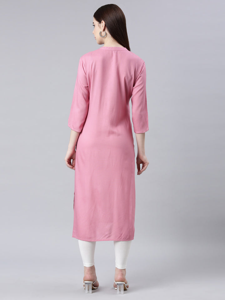 Neerus Pink floral printed straight kurta - detail view 1