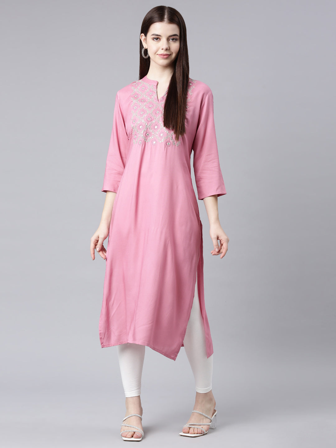 Neerus Pink floral printed straight kurta - detail view 4