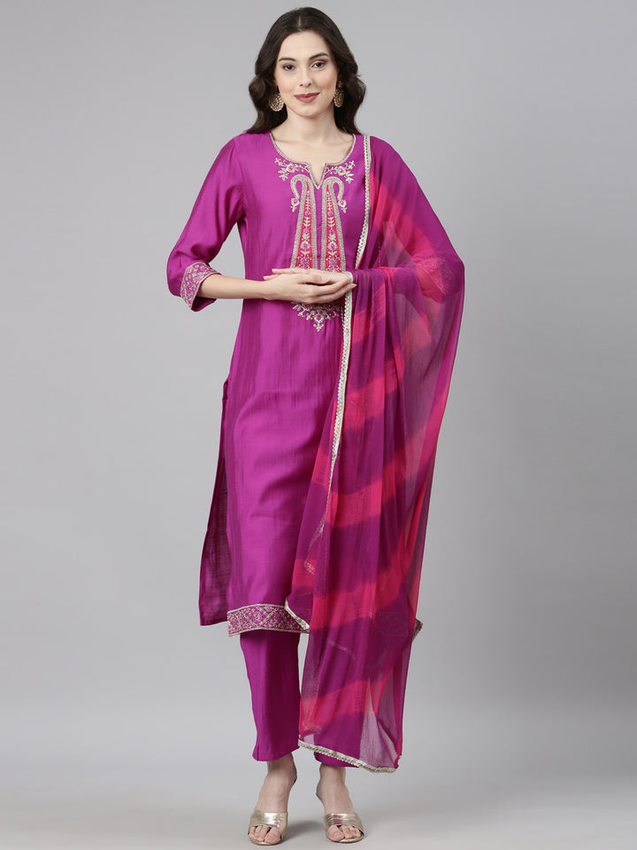 Neerus Purple Casual Solid Straight Kurta and Trousers With Dupatta