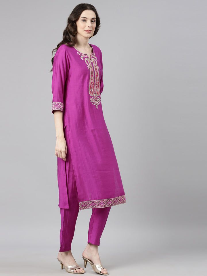 Neerus Purple Casual Solid Straight Kurta and Trousers With Dupatta