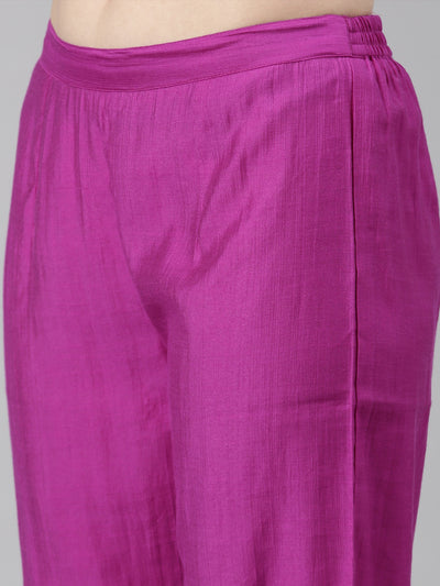 Neerus Purple Casual Solid Straight Kurta and Trousers With Dupatta