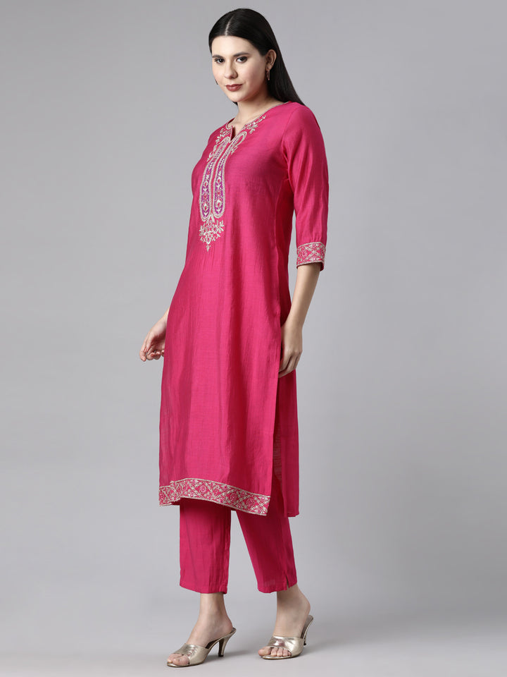 Neerus Pink Casual Solid Straight Kurta and Trousers With Dupatta