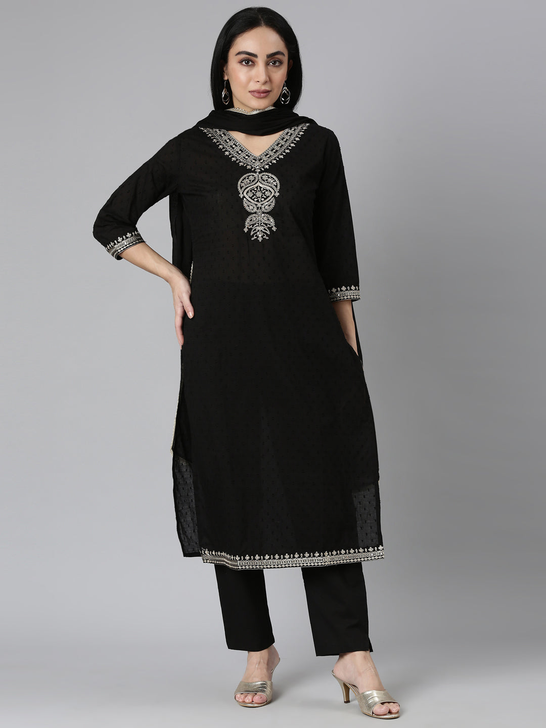 Neerus Black Regular Straight Solid Kurta and Trousers With Dupatta